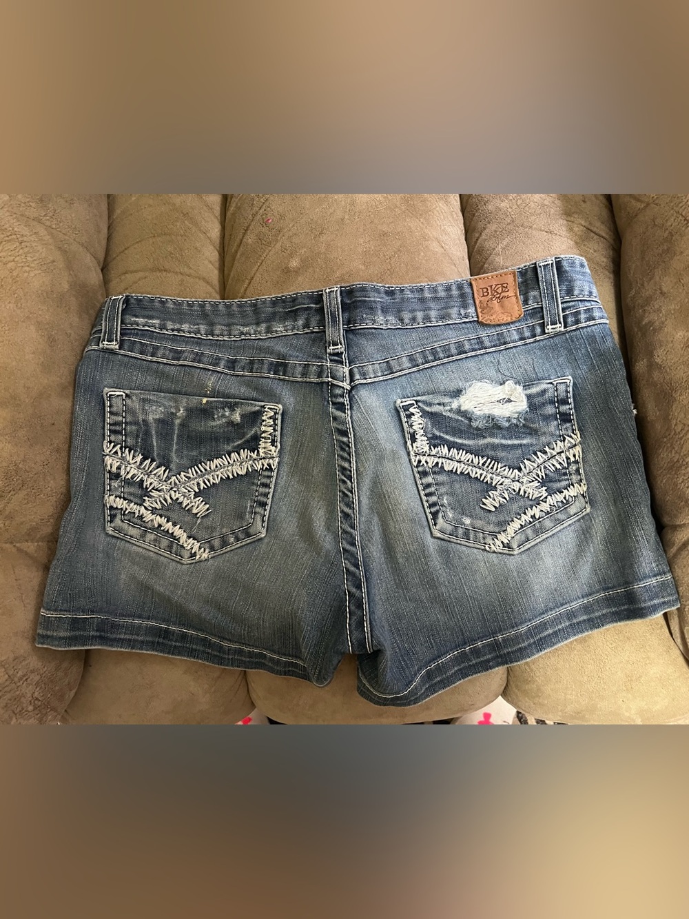 BKE Women's Embroidered Distressed Denim Shorts - Blue